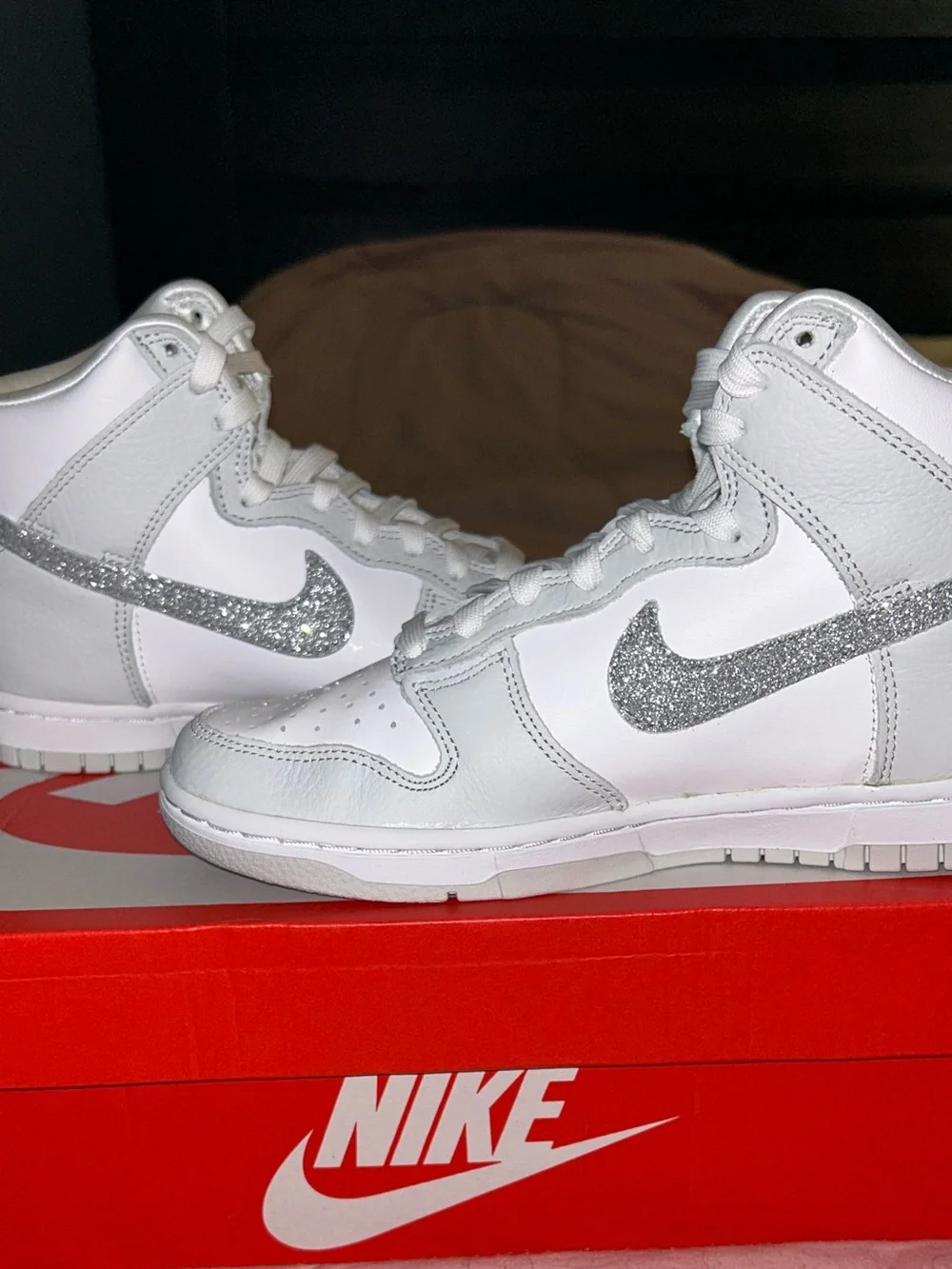Nike White and Silver Glitter High-Top Sneakers